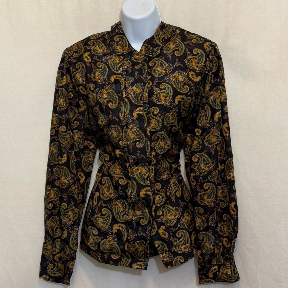 C-193 Nicola Vintage Black & Gold Paisley‎ Pleated Long Sleeve Blouse Size 10